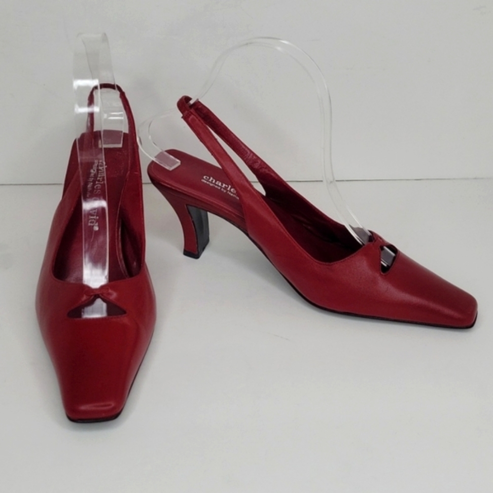 CHARLES DAVID Red Slingback Leather Heels Pointy Toe Vintage 90s Y2K 6M